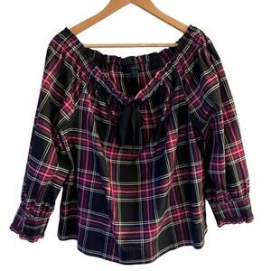 J Crew Red Black Tartan Plaid Silk Blend Holiday Off the Shoulder Top Size M